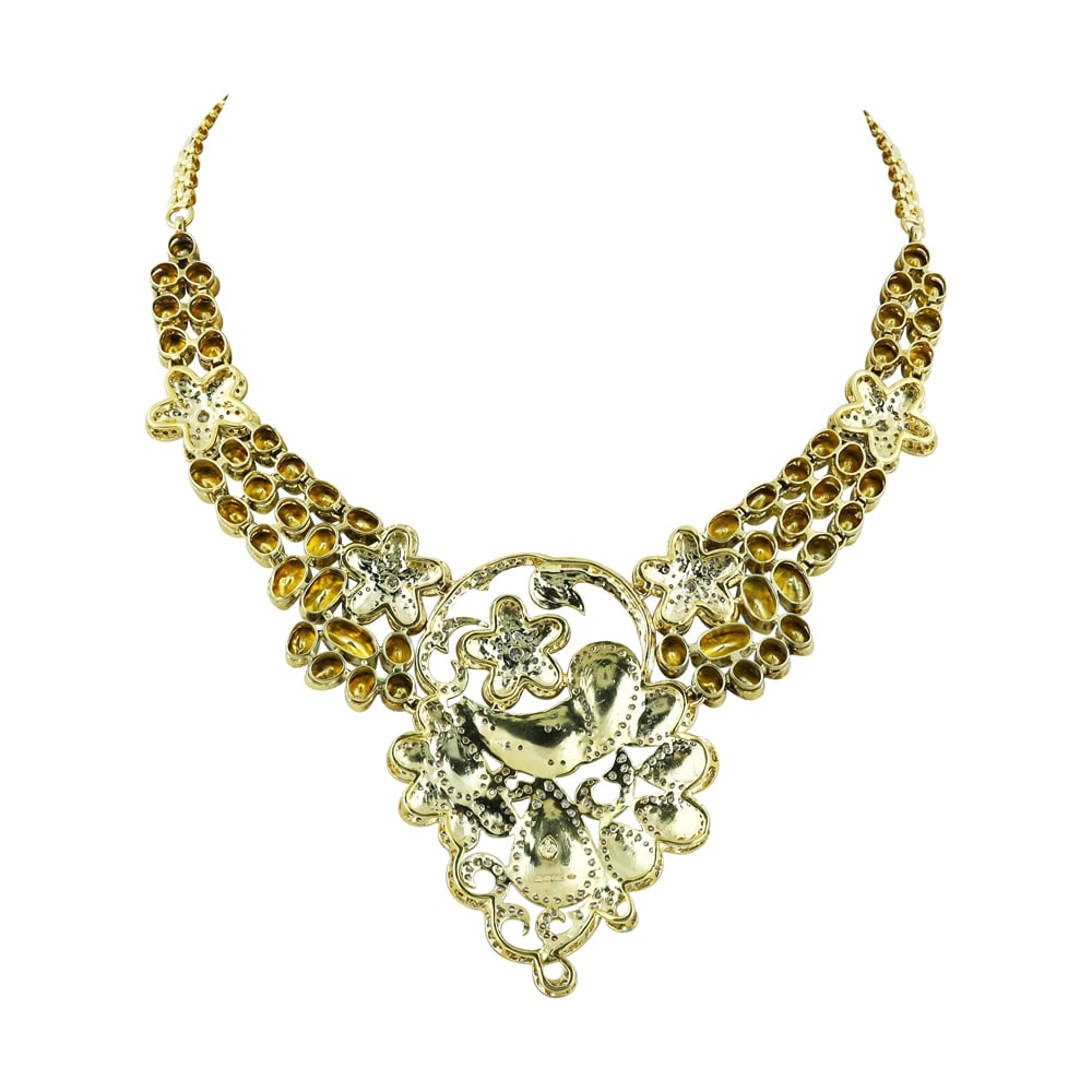 Peacock Motif Necklace with Enamel, Polki, and Floral Design